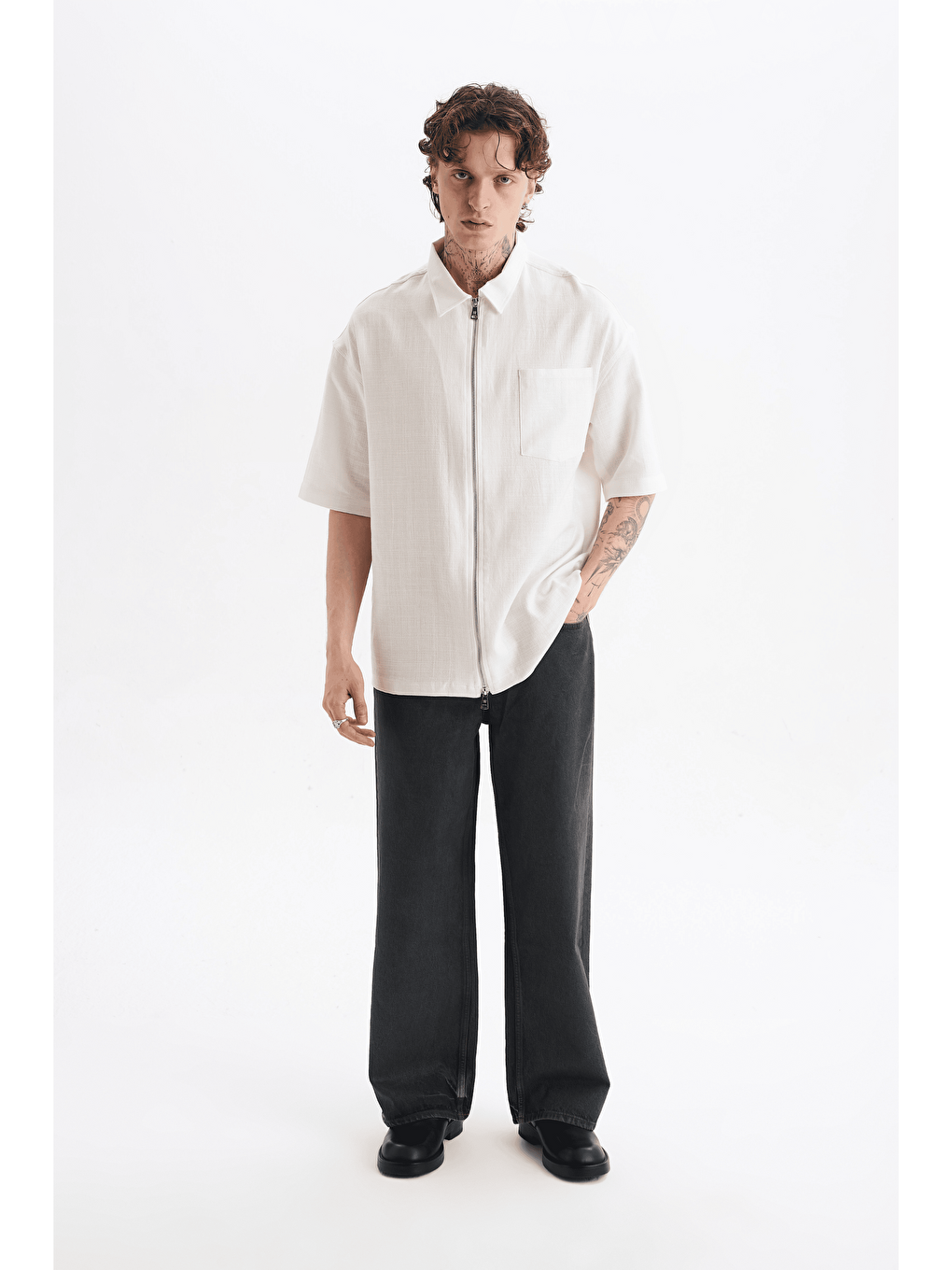 Erkek Lilyum Keten Fermuarlı Cepli Gömlek Ekru-4