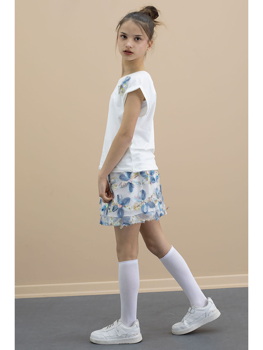 Mavi Çiçek İşlemeli Tüllü Etekli Kısa Kol Bluzlu Kız Çocuk 2li Takım 21048-4