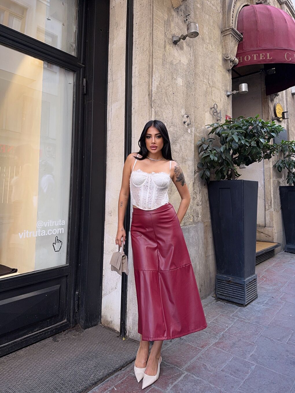 Bordo Midi Boy Deri Etek