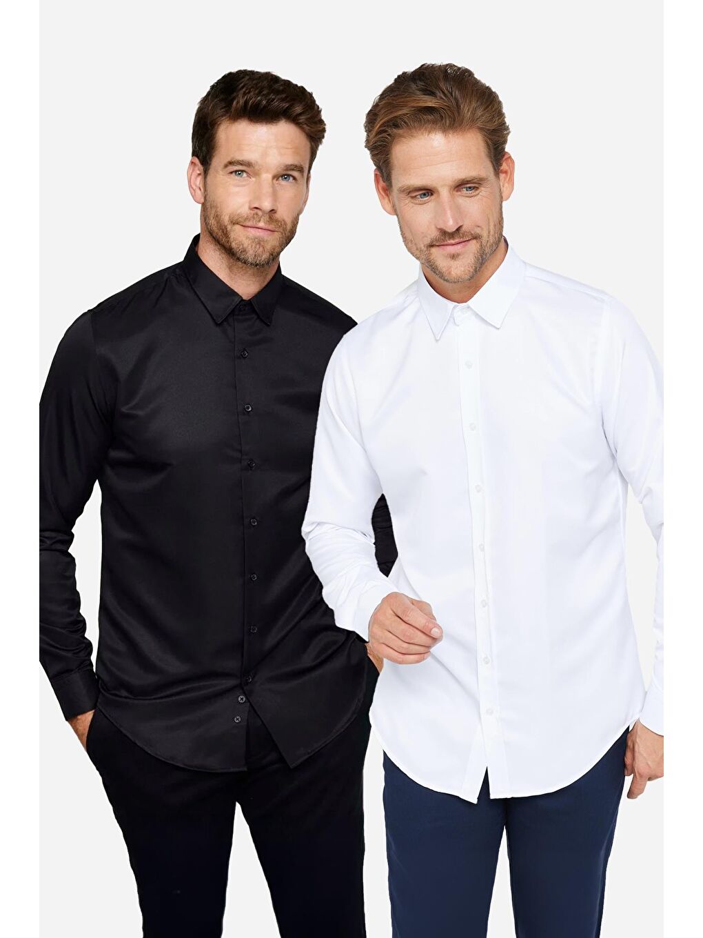 2'Li Paket Siyah-Beyaz Slim Fit Kolay Ütü Teri Emen Nefes Alan Doku Dört Mevsim Erkek Gömlek-1