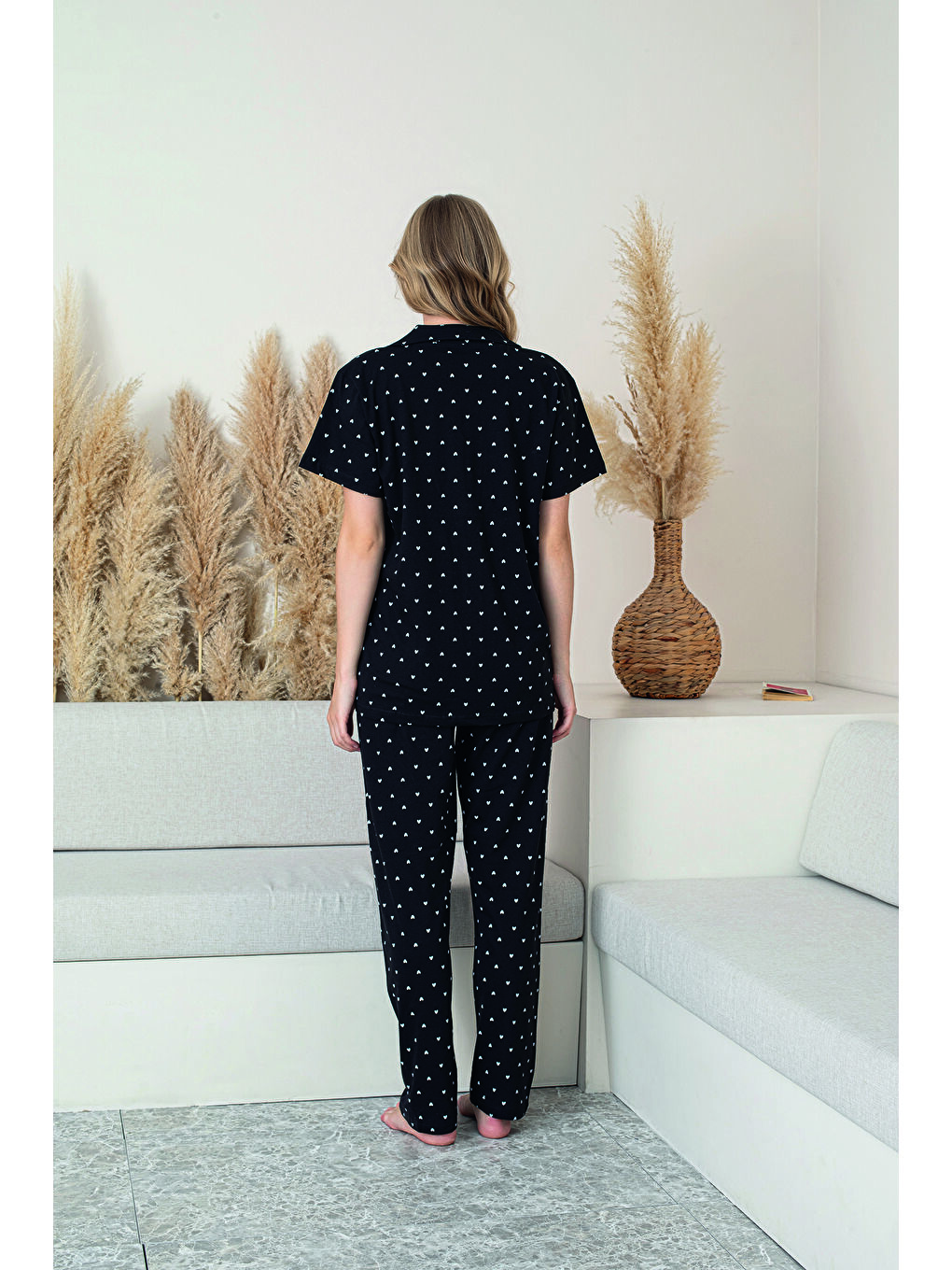 Kadın Siyah %100 Doğal Pamuk Kalpli Gömlek Yaka Kısa Kollu Kaliteli Pijama Takımı-2