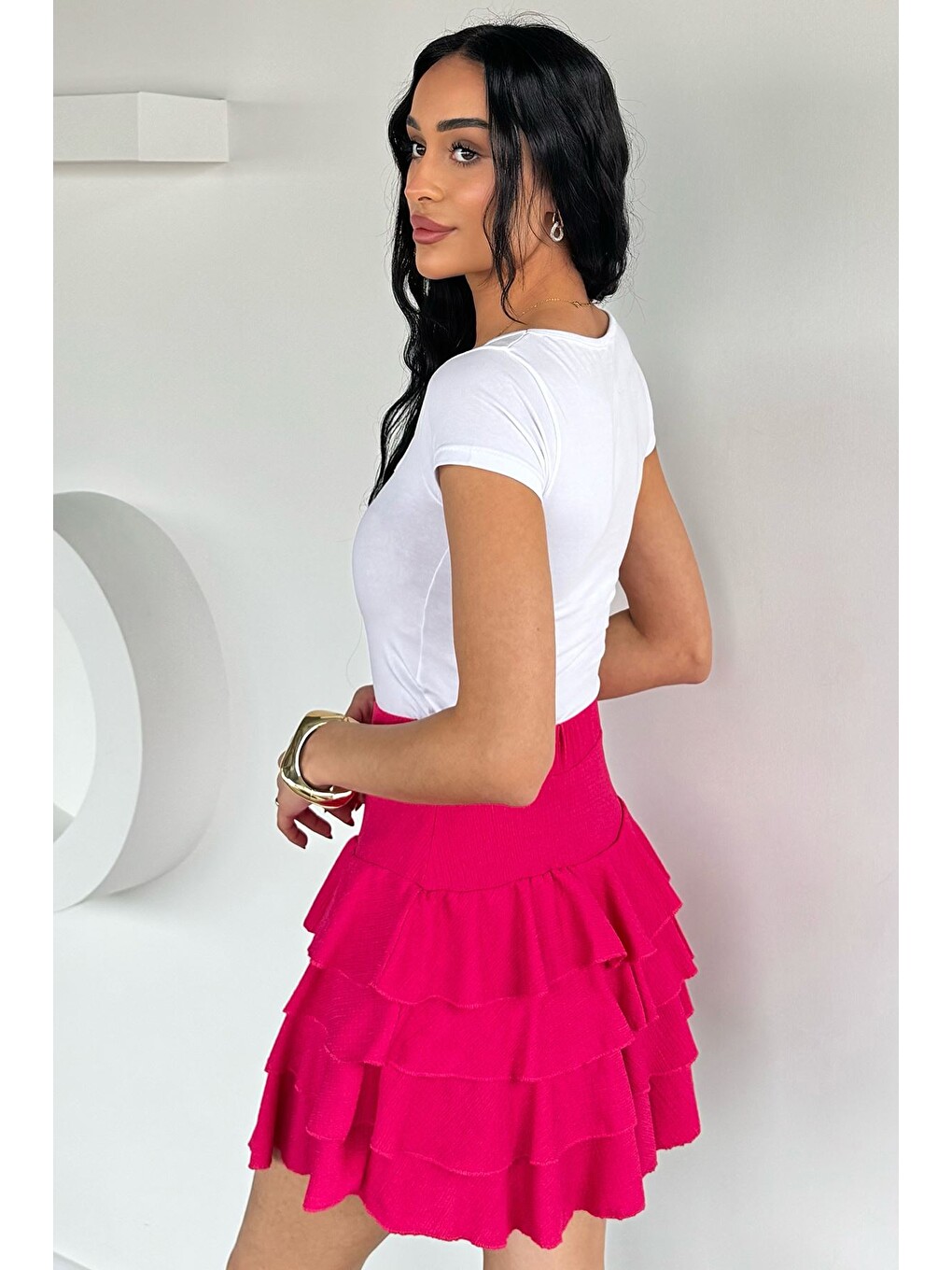Fuşya Kadın Bel Lastikli Fırfırlı Etek-3