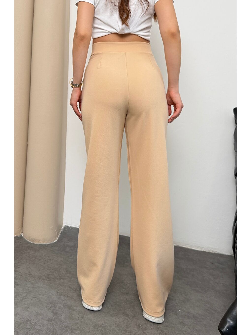 Kadın Yüksek Bel Cırt Kapama Beli Lastikli Fermuarlı Cepli Elastanlı Bej Palazzo Pantolon-5