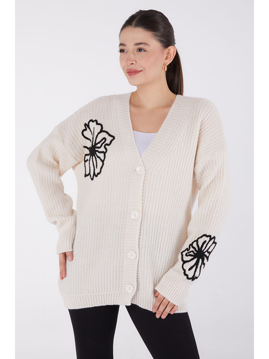 Kruvaze Yaka Kadın Bej Desenli Hırka - 26492-1