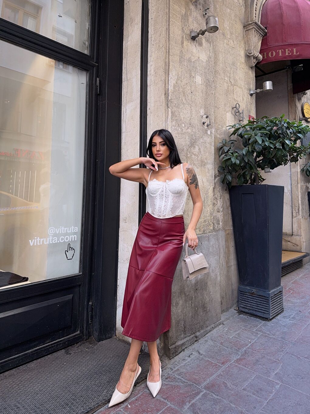 Bordo Midi Boy Deri Etek-2