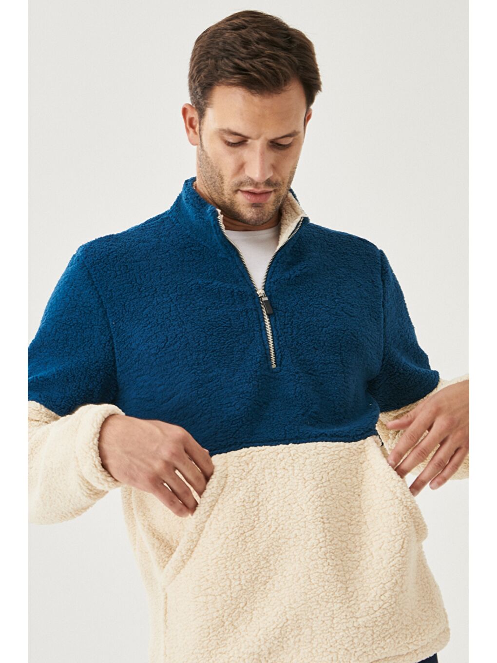 Erkek Petrol Taş Standart Fit Normal Kesim Bato Yaka Polar-2