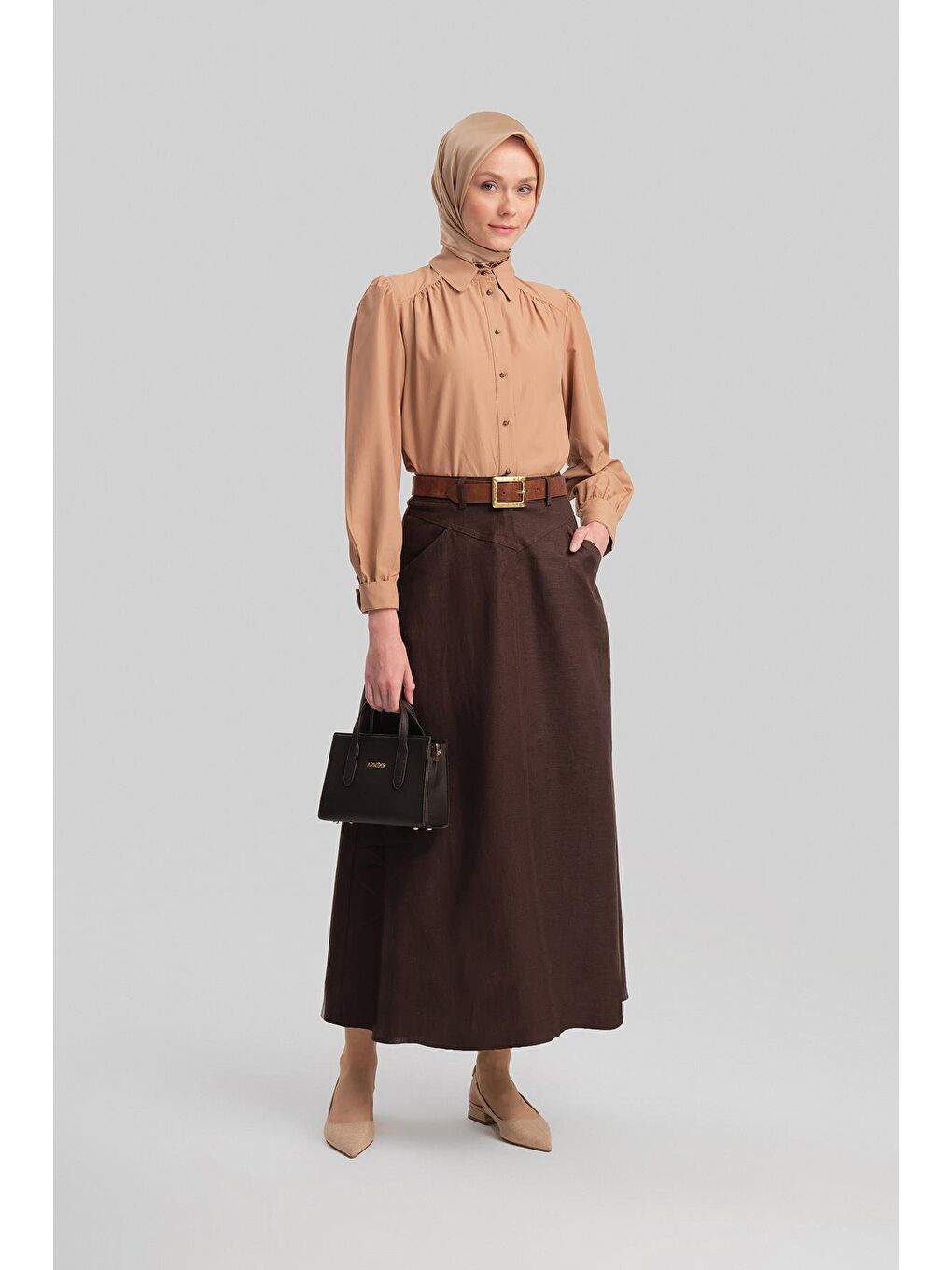 Kahverengi Cep Detaylı Keten Etek 24Y1634 Acı Kahve-1