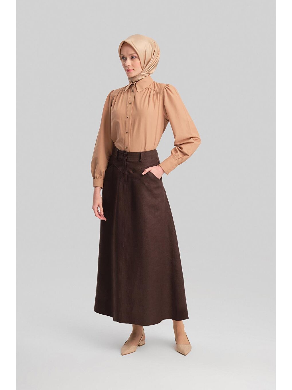 Kahverengi Cep Detaylı Keten Etek 24Y1634 Acı Kahve-2