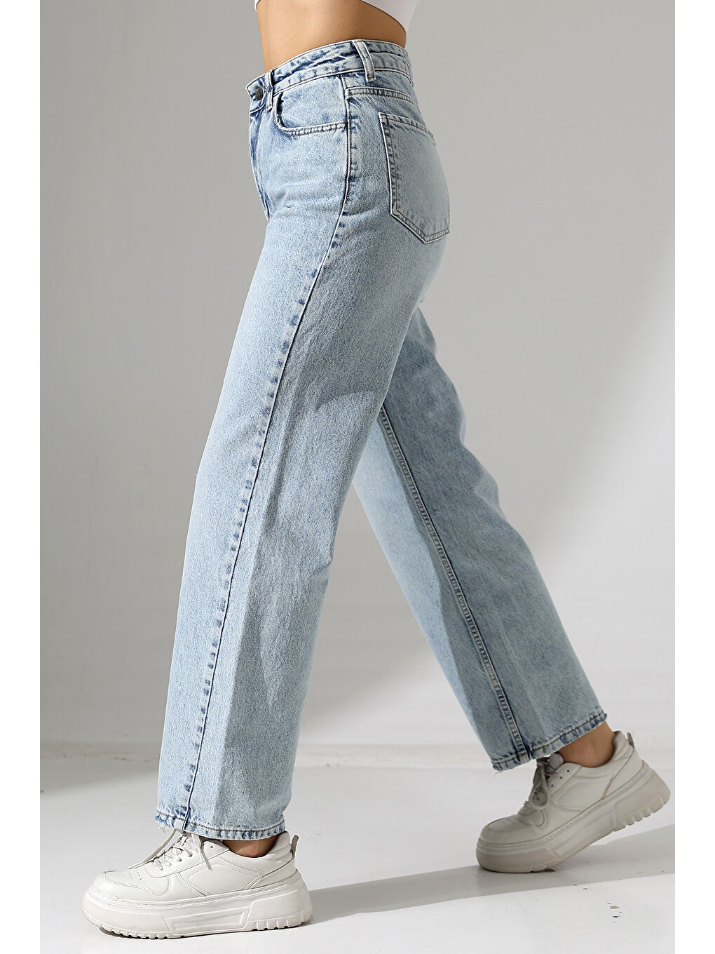 Yüksek Bel Düz Kesim Açık Mavi Jean-2
