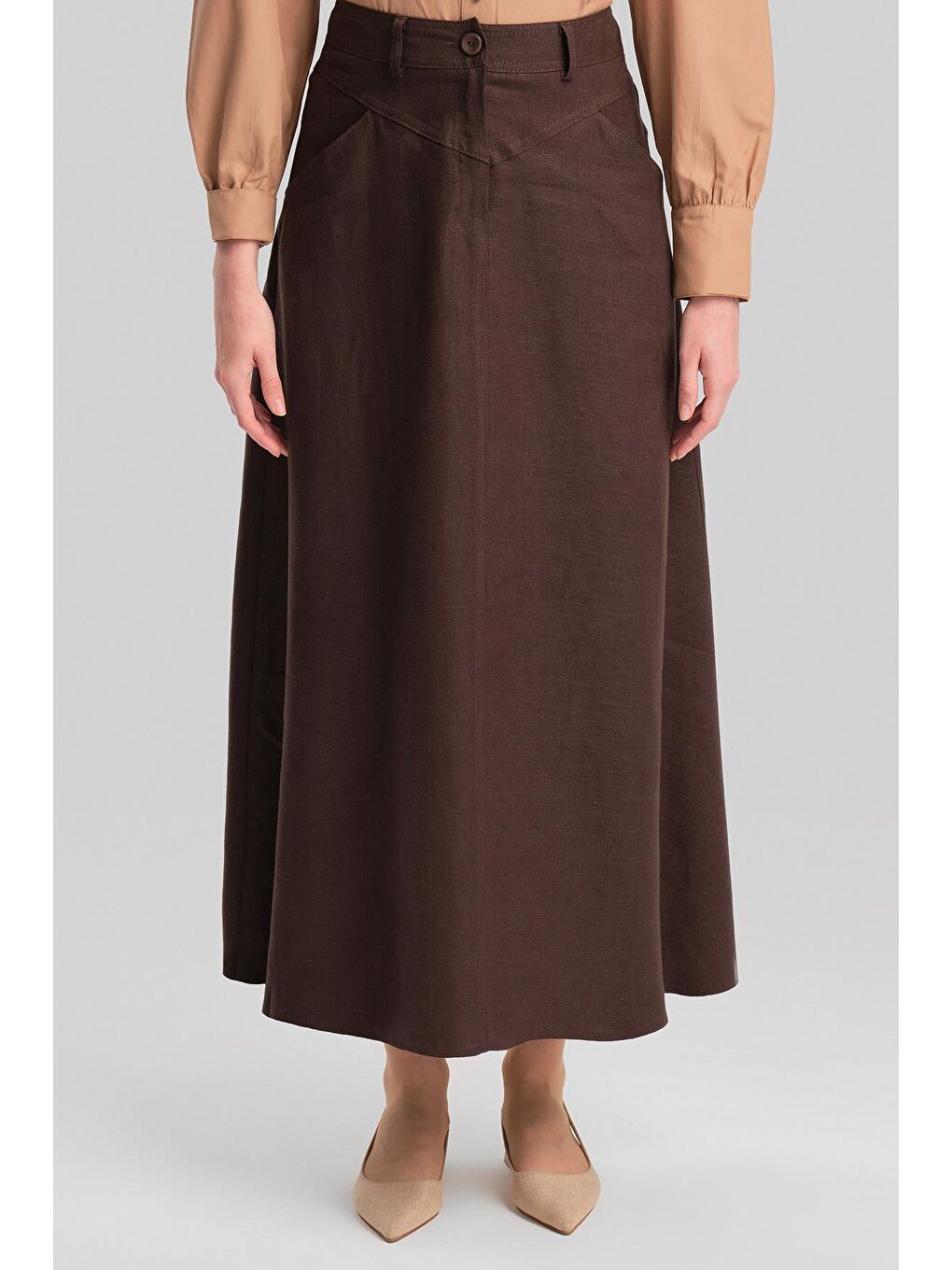 Kahverengi Cep Detaylı Keten Etek 24Y1634 Acı Kahve-3
