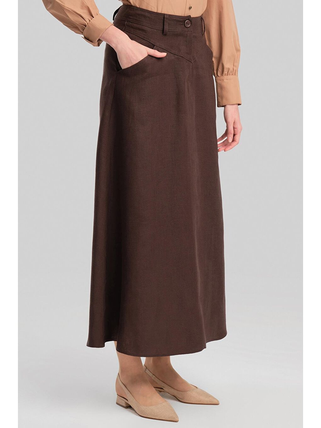 Kahverengi Cep Detaylı Keten Etek 24Y1634 Acı Kahve-4