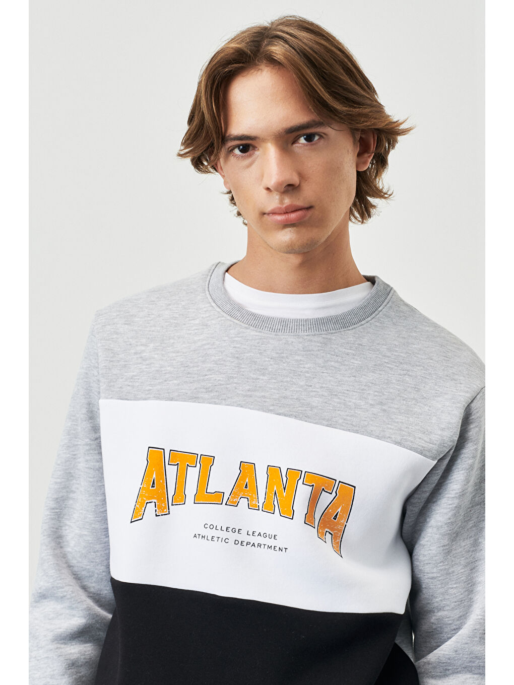 Erkek Gri Melanj-Beyaz-Siyah Standart Fit Normal Kesim Bisiklet Yaka İçi Polarlı Yazı Baskılı Sweat--2