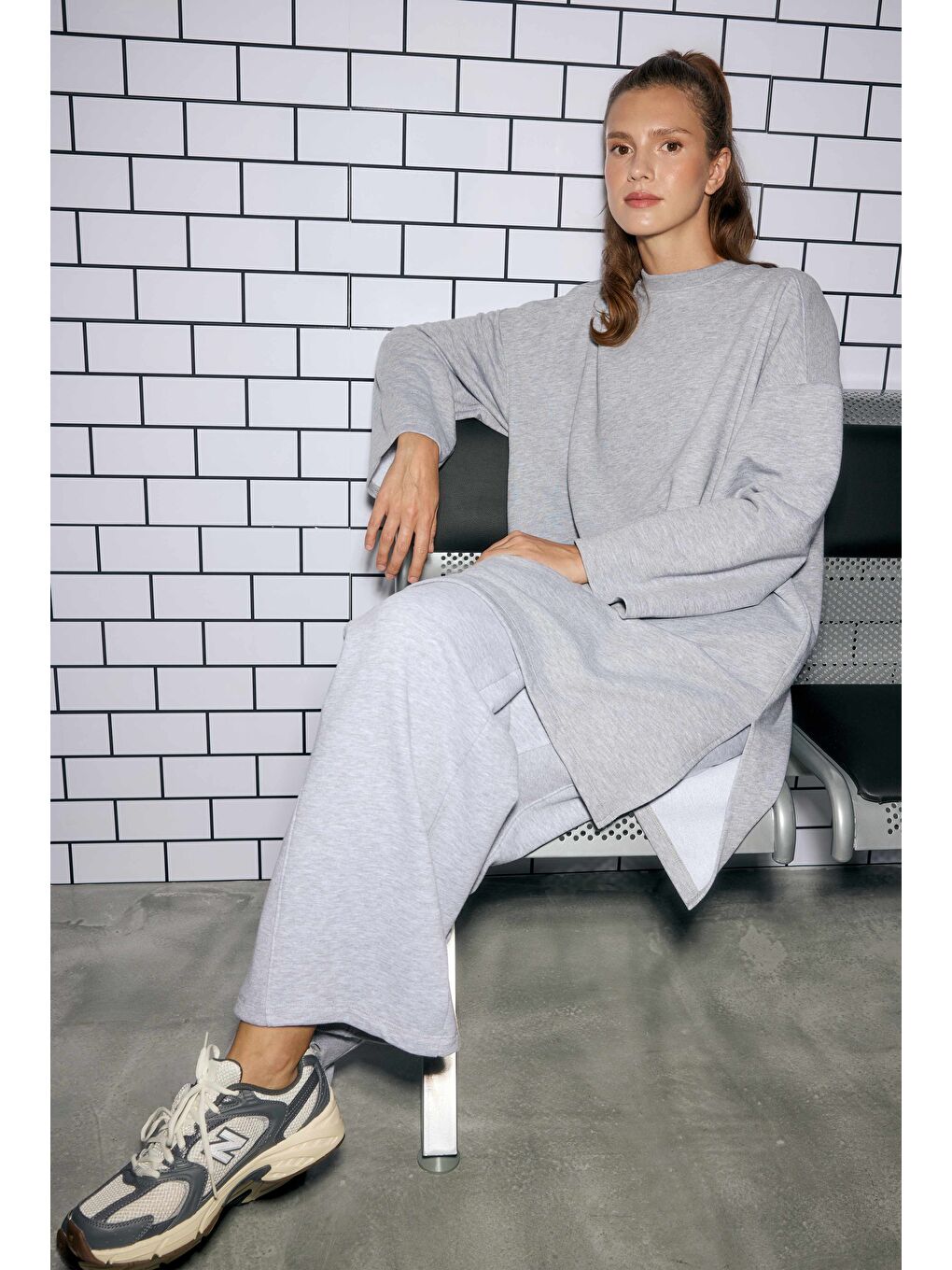 Uzun Rahat Kesim Sweatshirt Gri Melanj