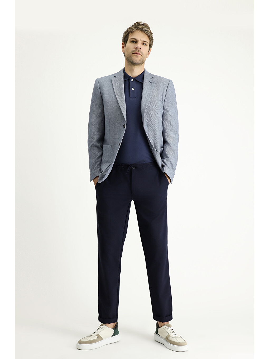 Lacivert Dar Kesim Desenli Gofre Blazer Ceket-1