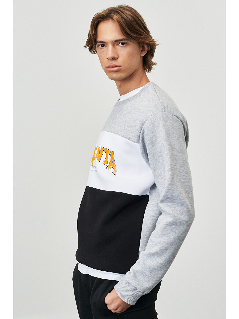 Erkek Gri Melanj-Beyaz-Siyah Standart Fit Normal Kesim Bisiklet Yaka İçi Polarlı Yazı Baskılı Sweat--4