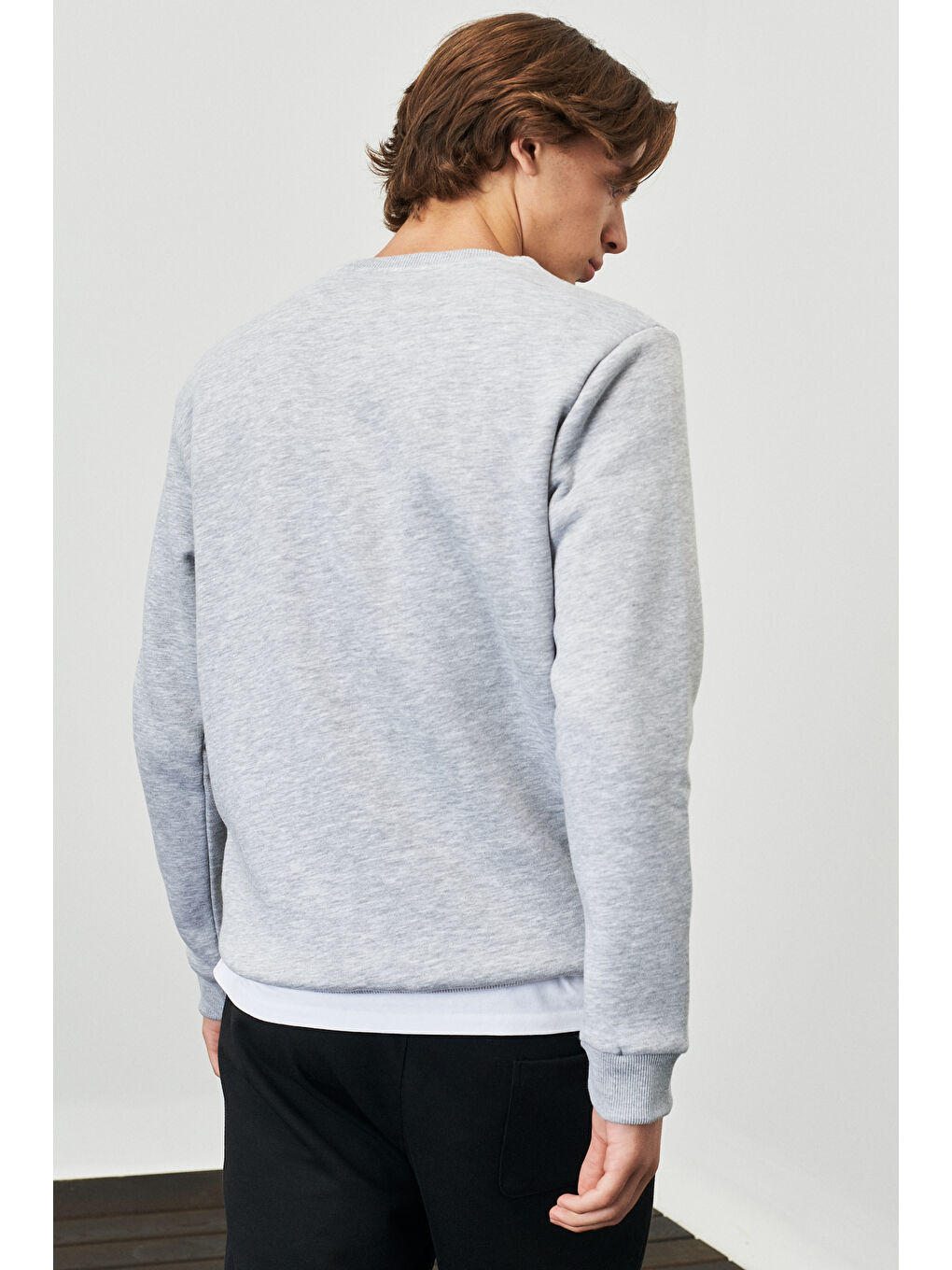 Erkek Gri Melanj-Beyaz-Siyah Standart Fit Normal Kesim Bisiklet Yaka İçi Polarlı Yazı Baskılı Sweat--5