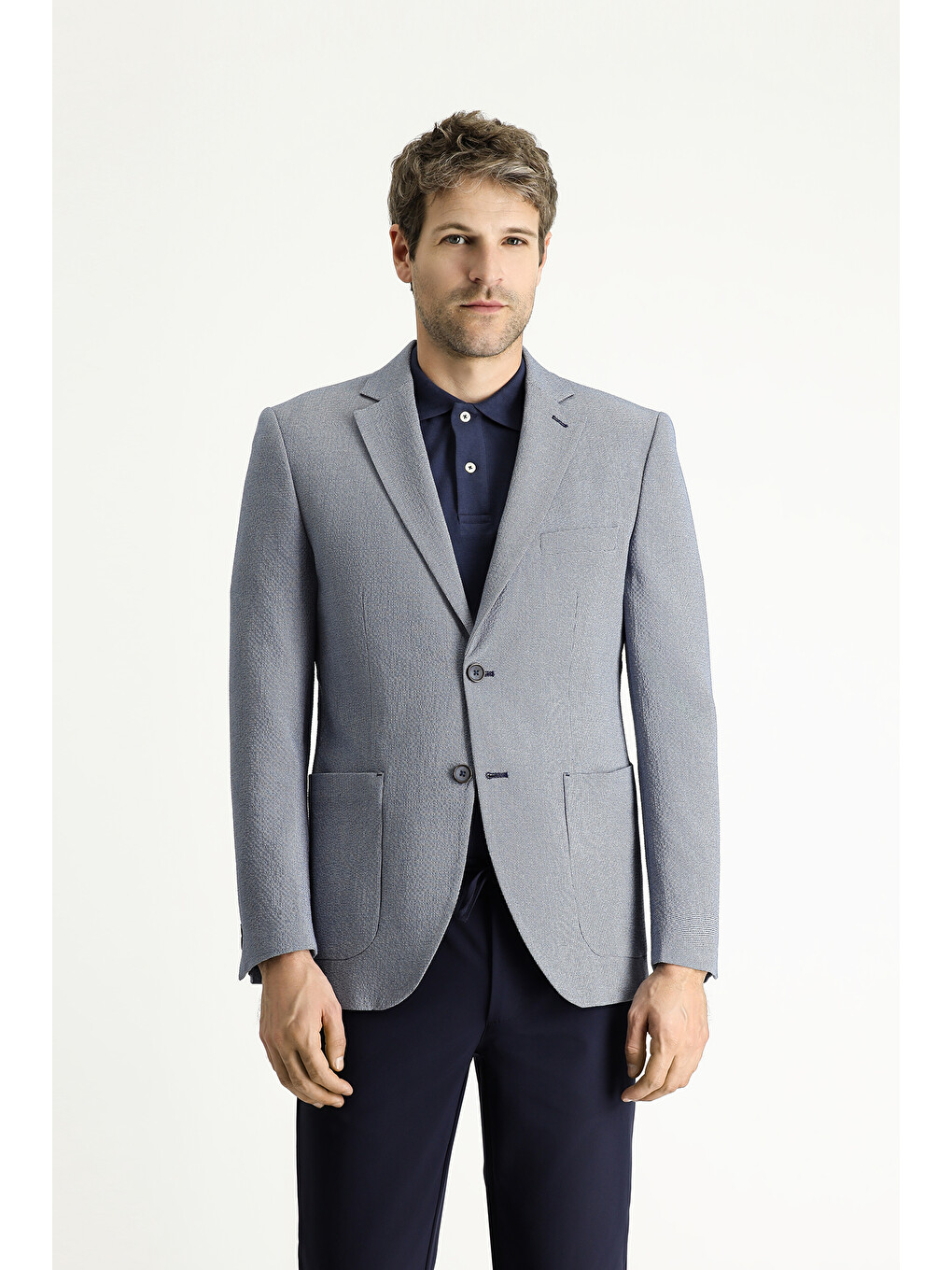 Lacivert Dar Kesim Desenli Gofre Blazer Ceket-2