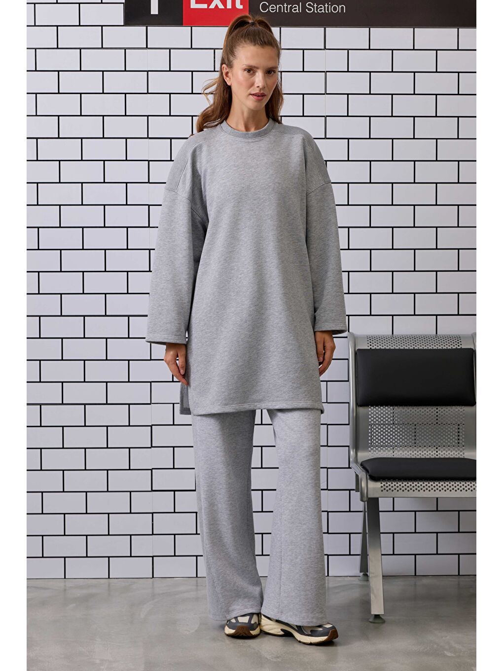 Uzun Rahat Kesim Sweatshirt Gri Melanj-1