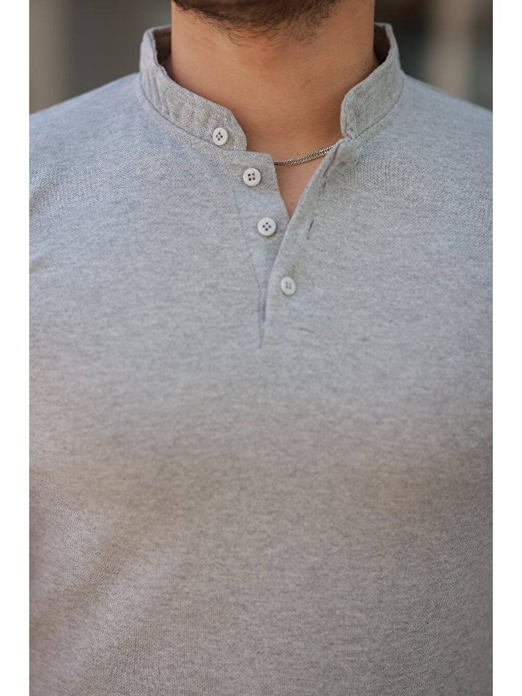 Gri Erkek Hakim Yaka Dokuma Pamuklu Kumaş Kısa Kollu Tişört-2