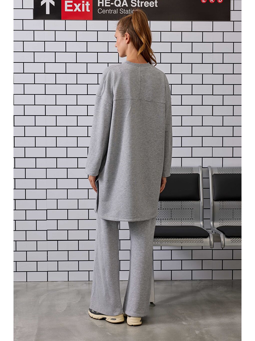 Uzun Rahat Kesim Sweatshirt Gri Melanj-2