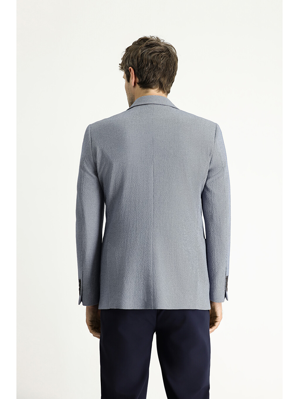 Lacivert Dar Kesim Desenli Gofre Blazer Ceket-3