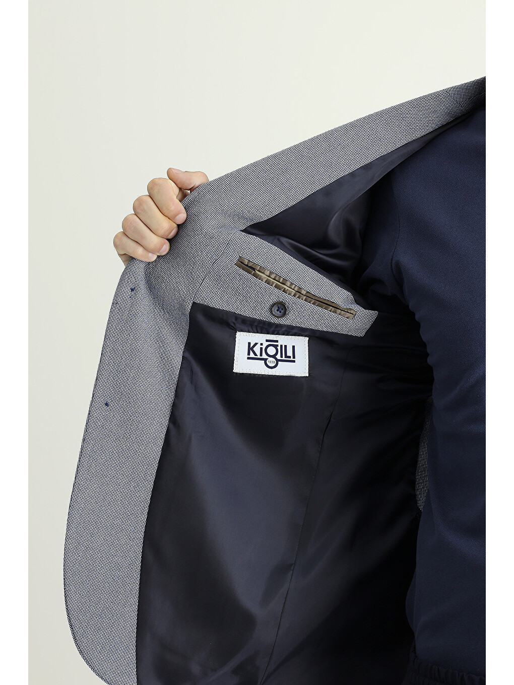 Lacivert Dar Kesim Desenli Gofre Blazer Ceket-4