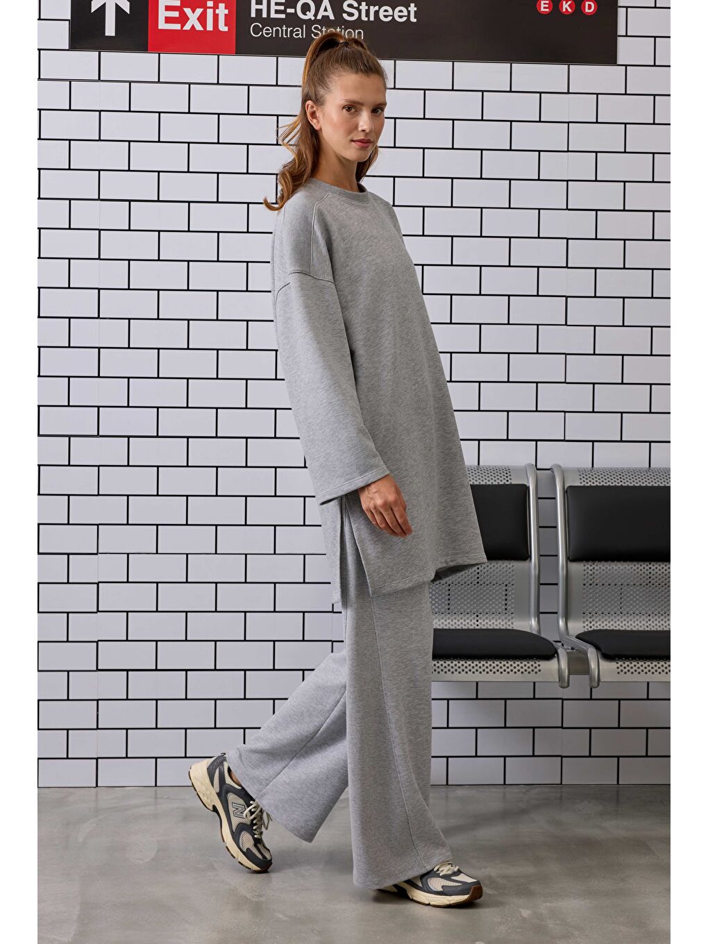 Uzun Rahat Kesim Sweatshirt Gri Melanj-4