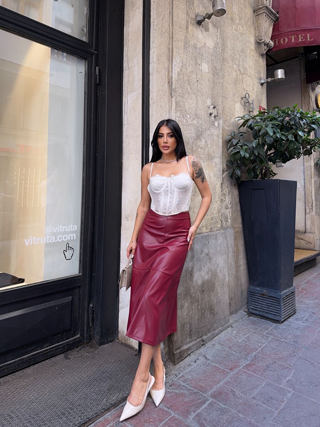 Bordo Midi Boy Deri Etek-4