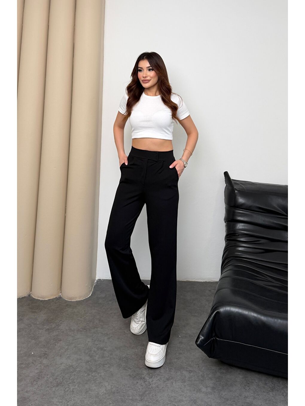 Kadın Yüksek Bel Cırt Kapama Beli Lastikli Fermuarlı Cepli Elastanlı Siyah Palazzo Pantolon