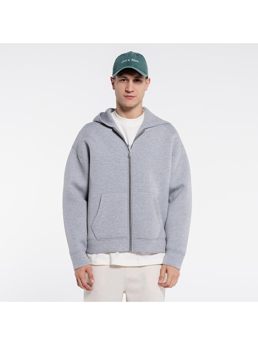 Gri Melanj Kanguru Cepli Kapüşonlu Ekstra Oversize Erkek Fermuarlı Sweatshirt Hırka - Scuba Kumaş