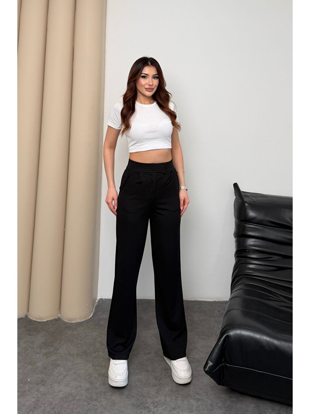 Kadın Yüksek Bel Cırt Kapama Beli Lastikli Fermuarlı Cepli Elastanlı Siyah Palazzo Pantolon-1
