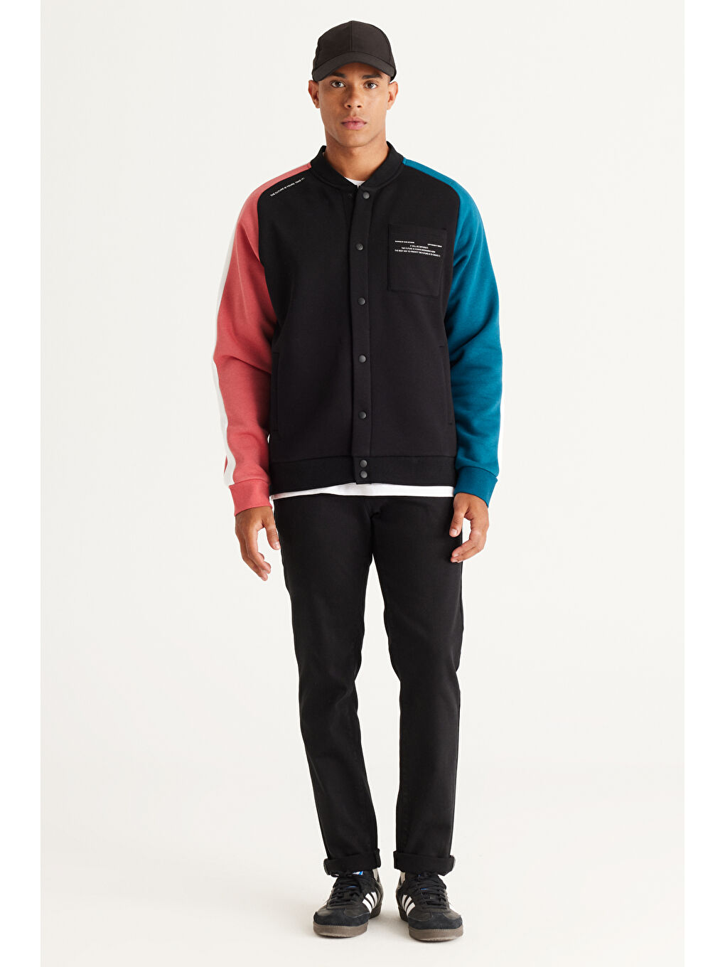 Erkek Siyah-Ekru Loose Fit Kolej Yaka Pamuklu İçi Polarlı Desenli Sweatshirt Ceket-1