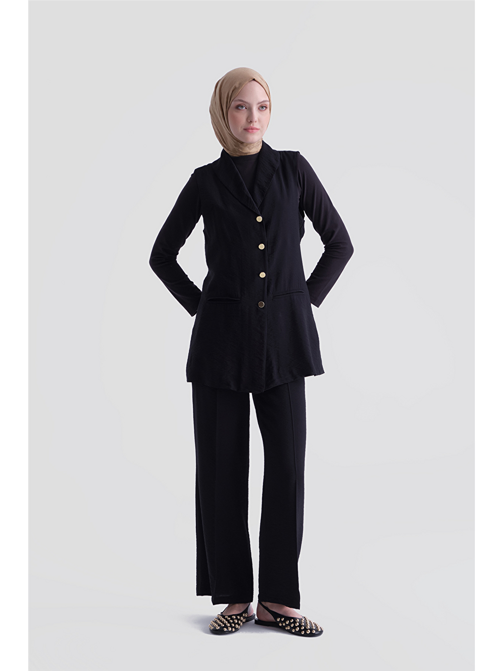 Kemerli Yelekli Takım Siyah