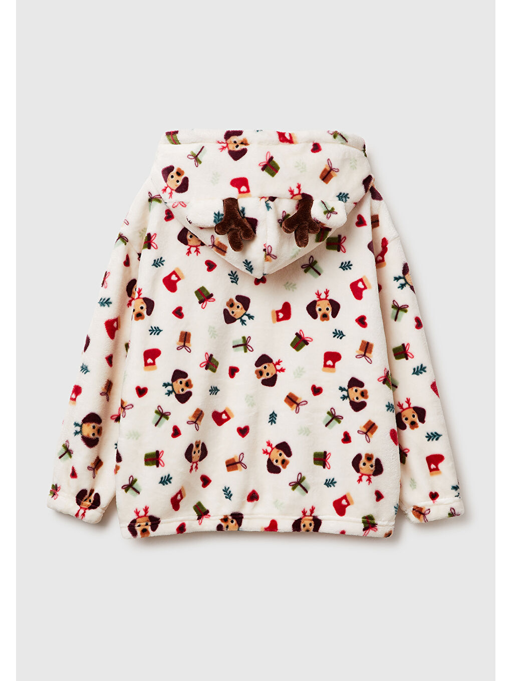 Ekru Kız Çocuk Krem Yılbaşı Desenli Kulak Aplikeli Fermuarlı Kapüşonlu Sabahlık-1