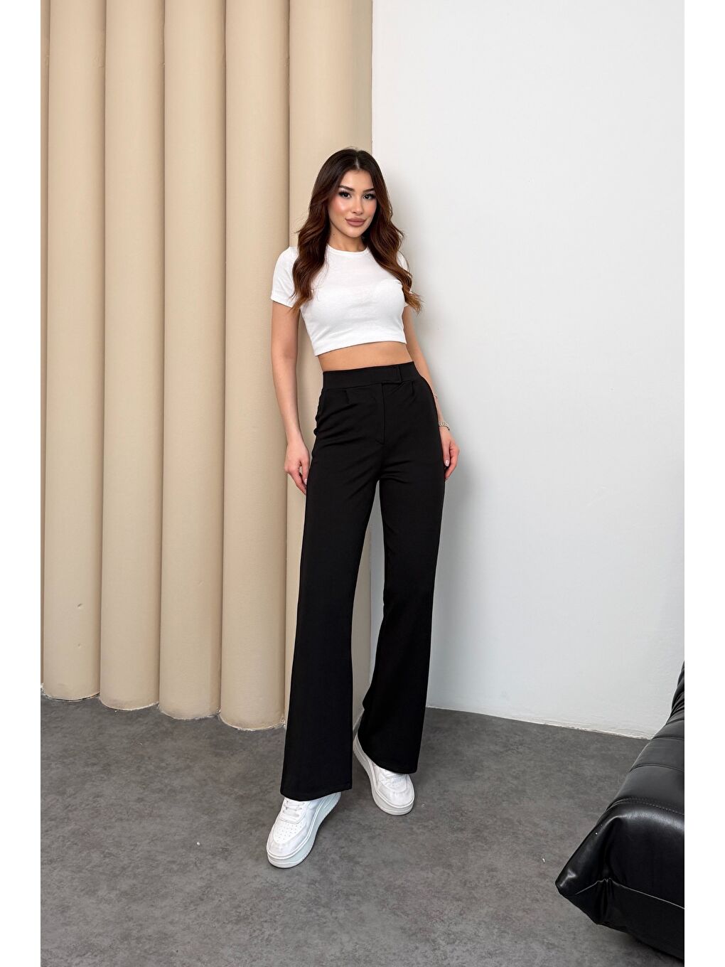 Kadın Yüksek Bel Cırt Kapama Beli Lastikli Fermuarlı Cepli Elastanlı Siyah Palazzo Pantolon-2