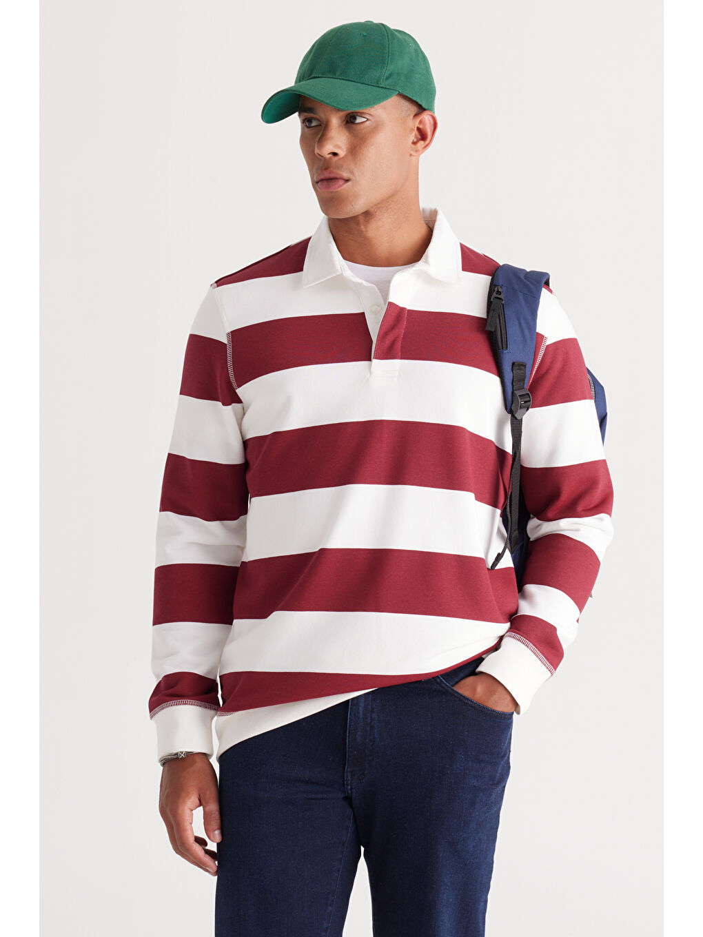 Erkek Ekru-Bordo Standart Fit Normal Kesim Polo Yaka Pamuklu Sweatshirt