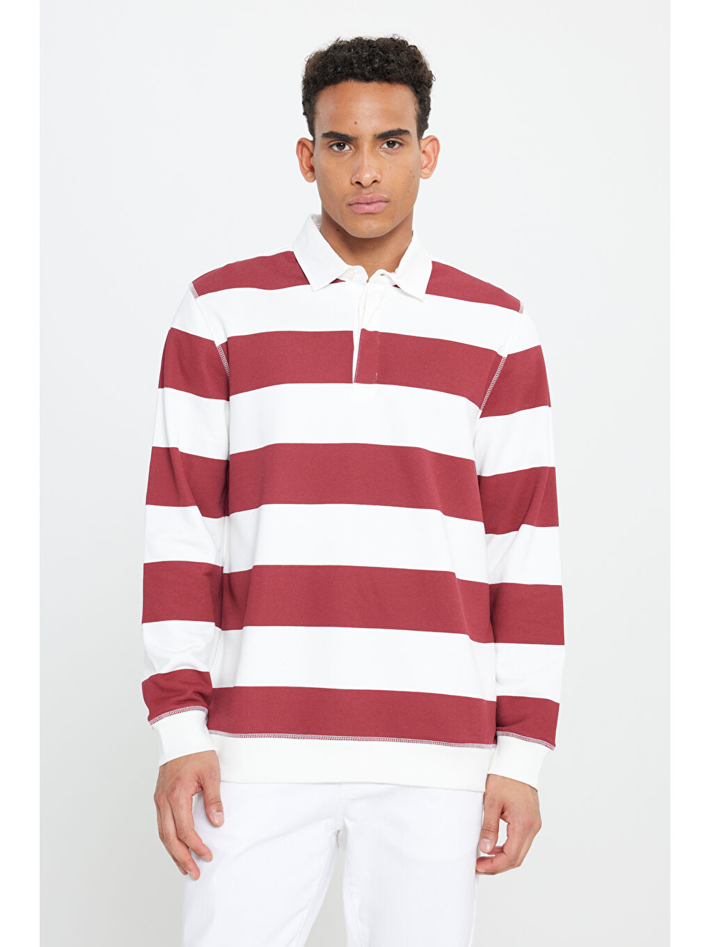 Erkek Ekru-Bordo Standart Fit Normal Kesim Polo Yaka Pamuklu Sweatshirt-1