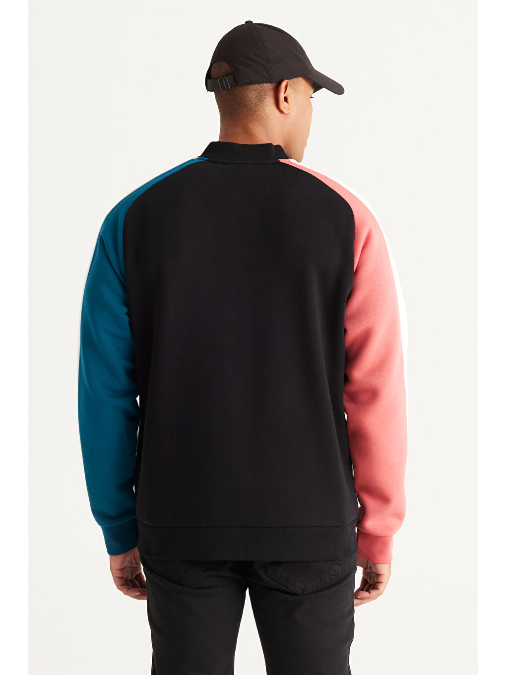 Erkek Siyah-Ekru Loose Fit Kolej Yaka Pamuklu İçi Polarlı Desenli Sweatshirt Ceket-4