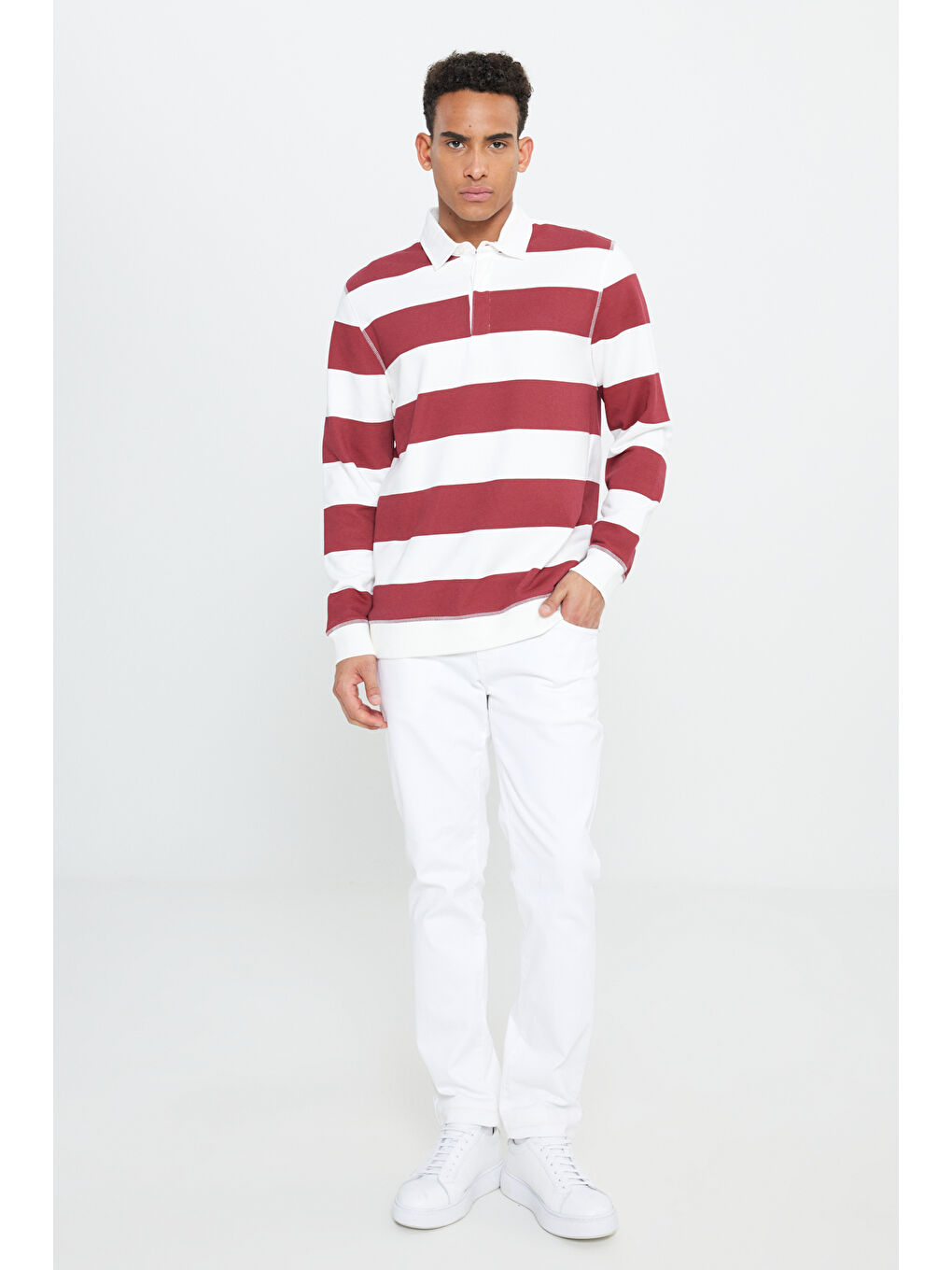 Erkek Ekru-Bordo Standart Fit Normal Kesim Polo Yaka Pamuklu Sweatshirt-3