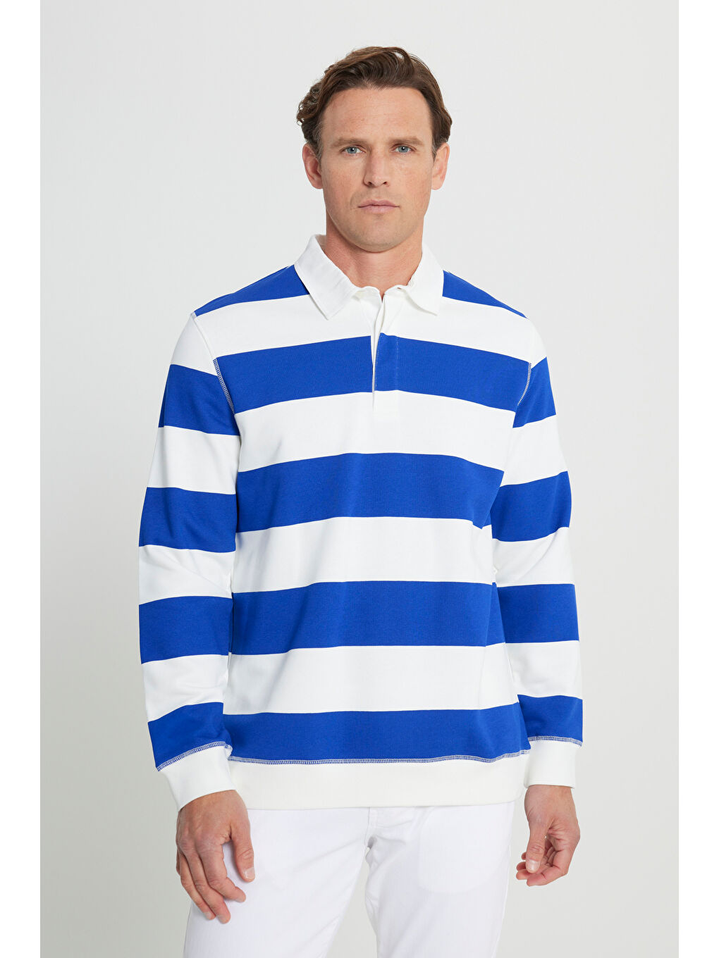 Ekru Erkek EKRU K.MAVI Standart Fit Normal Kesim Polo Yaka Pamuklu Sweatshirt