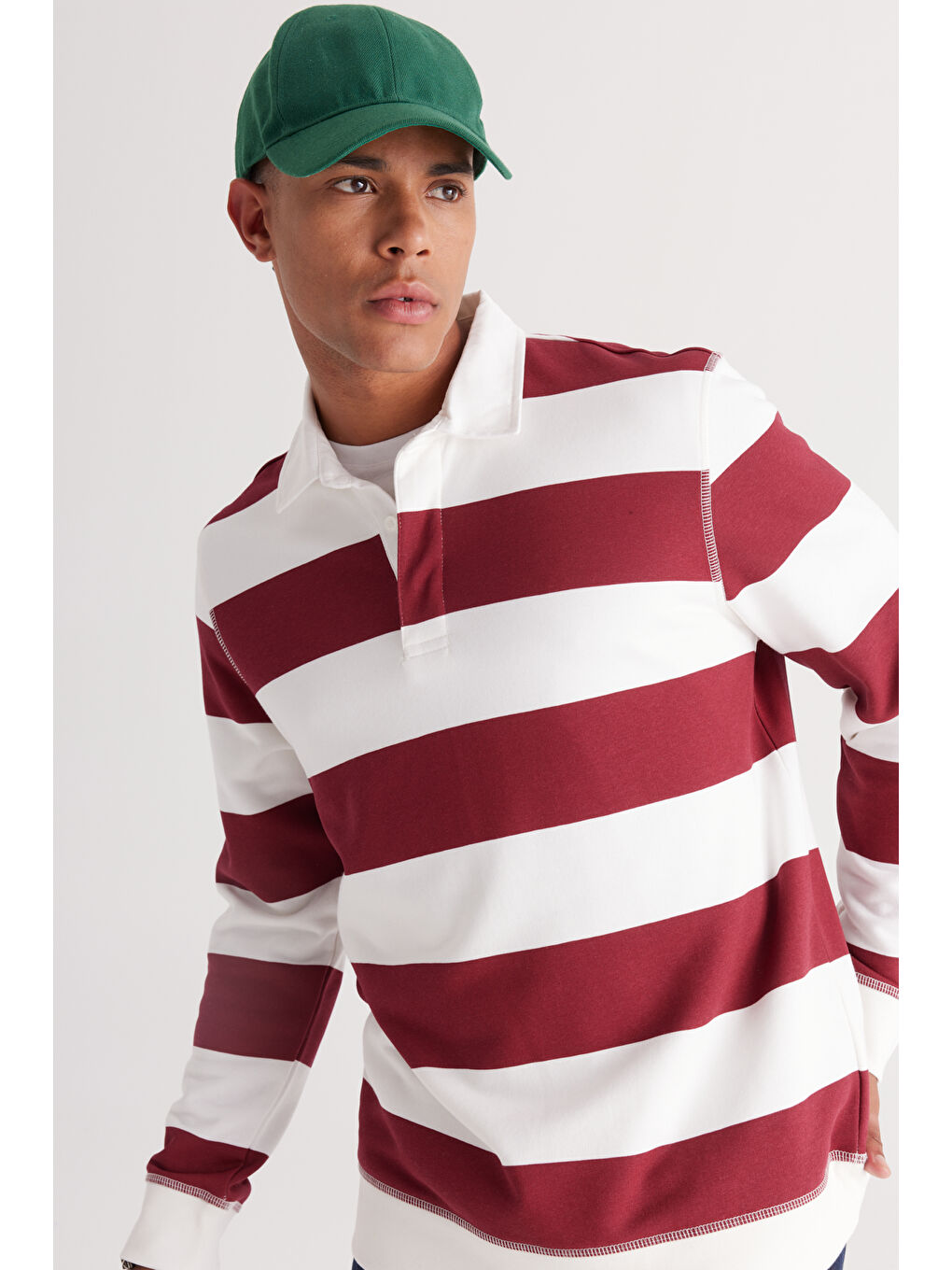 Erkek Ekru-Bordo Standart Fit Normal Kesim Polo Yaka Pamuklu Sweatshirt-4
