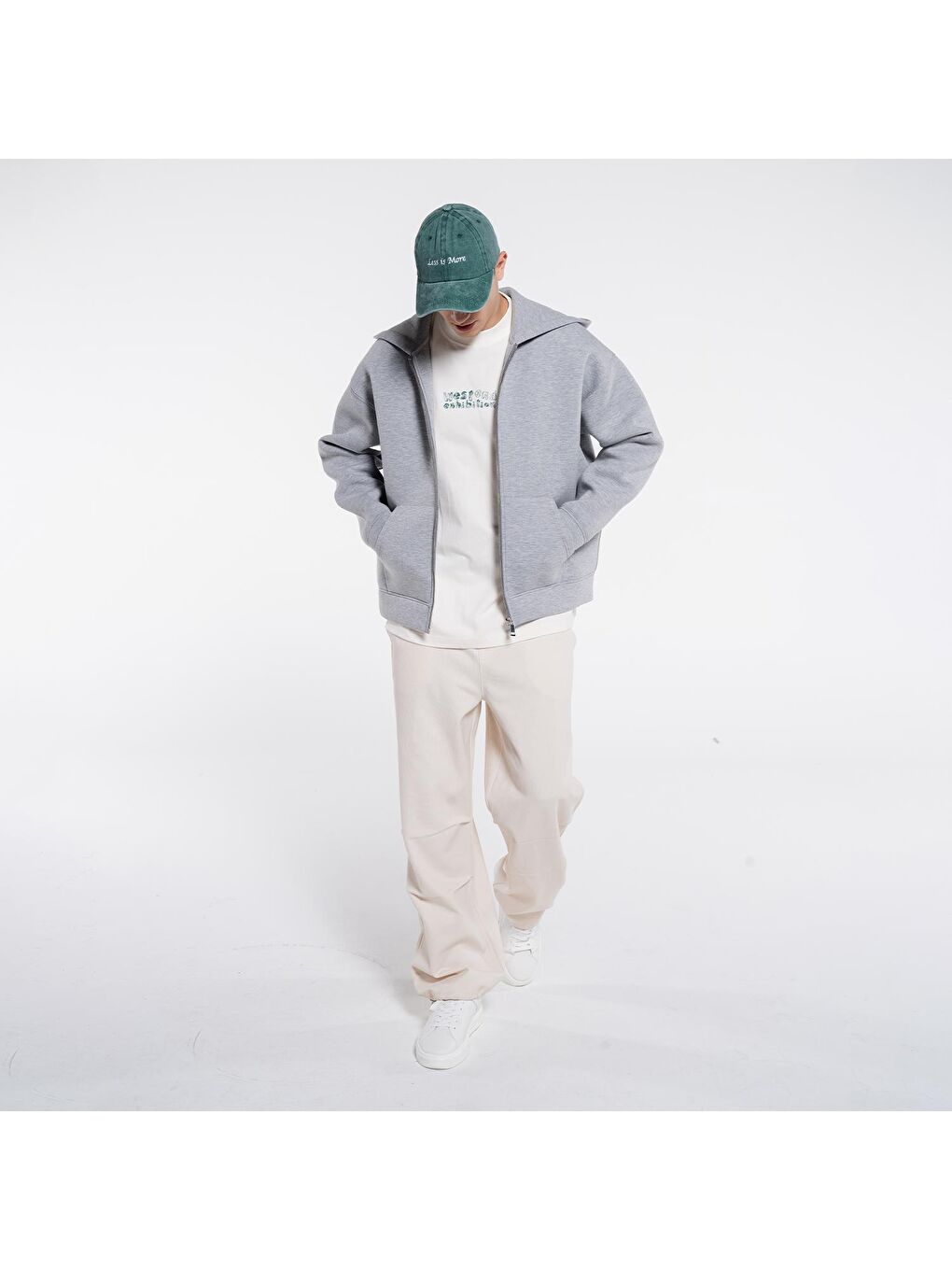 Gri Melanj Kanguru Cepli Kapüşonlu Ekstra Oversize Erkek Fermuarlı Sweatshirt Hırka - Scuba Kumaş-1