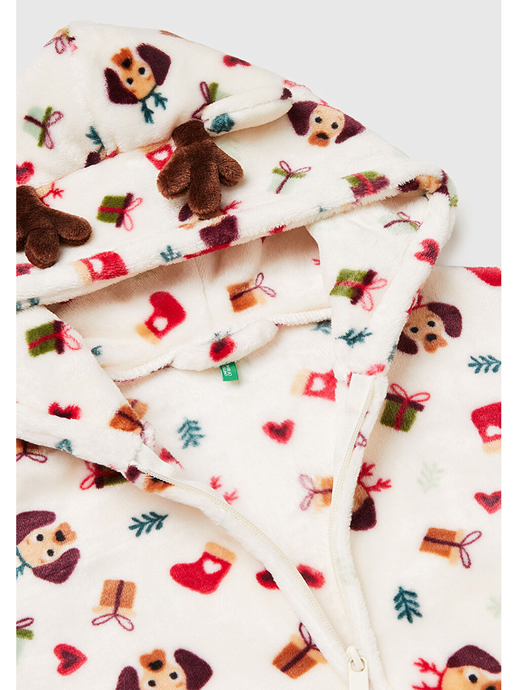 Ekru Kız Çocuk Krem Yılbaşı Desenli Kulak Aplikeli Fermuarlı Kapüşonlu Sabahlık-2