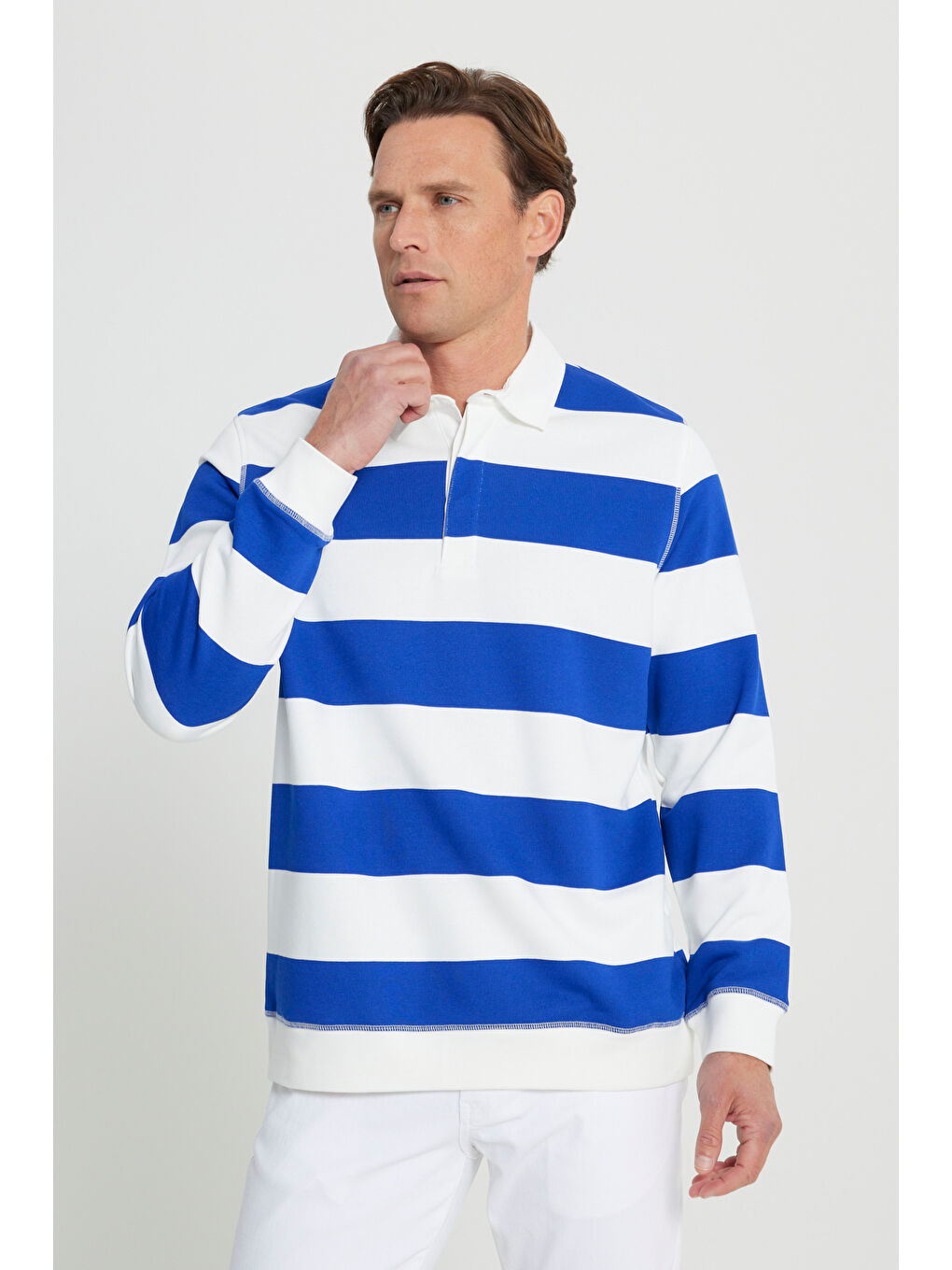 Ekru Erkek EKRU K.MAVI Standart Fit Normal Kesim Polo Yaka Pamuklu Sweatshirt-2