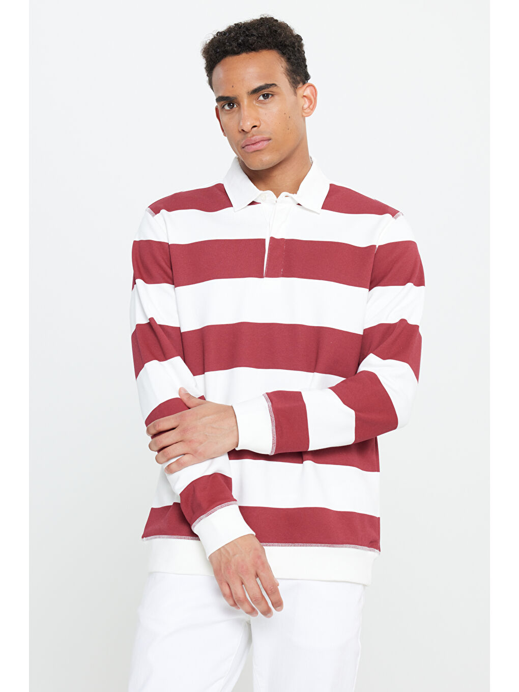 Erkek Ekru-Bordo Standart Fit Normal Kesim Polo Yaka Pamuklu Sweatshirt-5