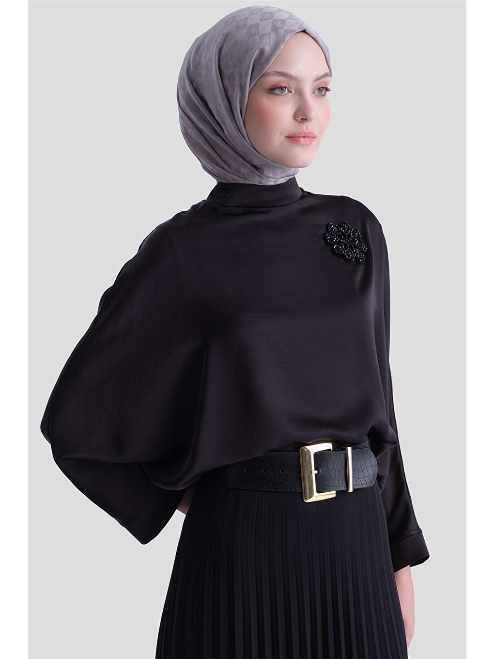 Yüksek Yaka Pilise Etek Takım Siyah-3