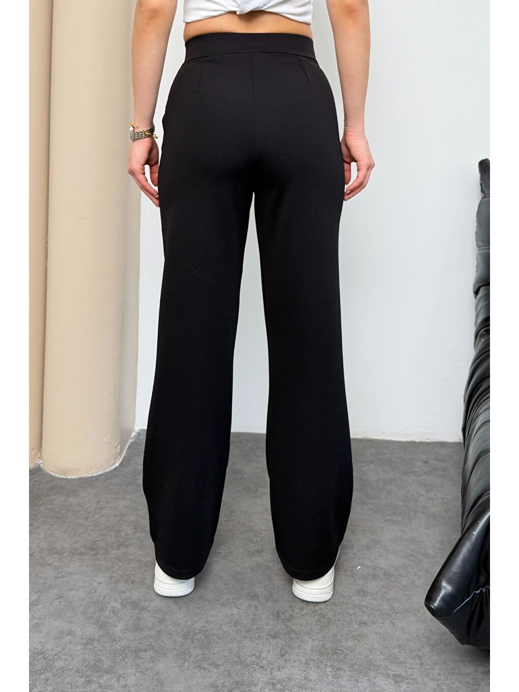 Kadın Yüksek Bel Cırt Kapama Beli Lastikli Fermuarlı Cepli Elastanlı Siyah Palazzo Pantolon-5