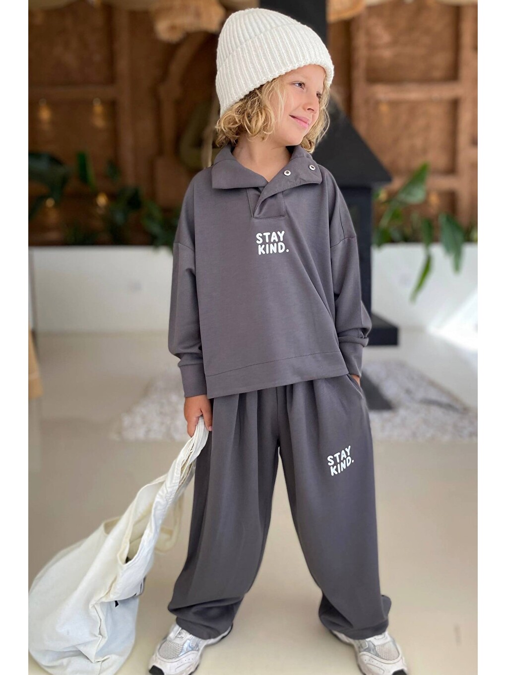 Gri Unisex Çocuk Premium Kumaş Dik Yaka Salaş Alt Üst Eşofman Takımı