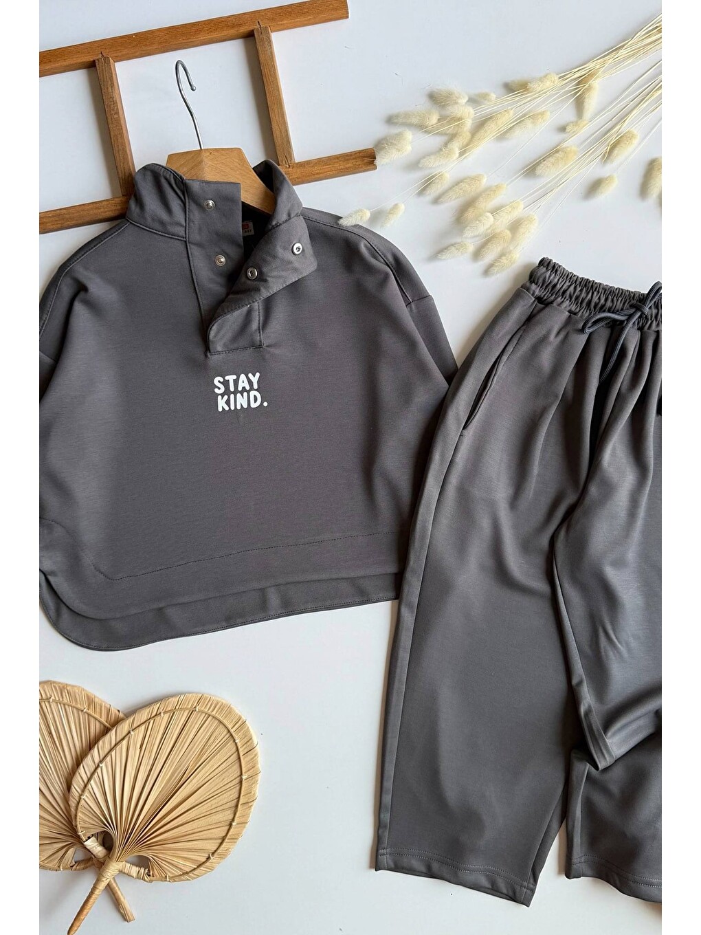 Gri Unisex Çocuk Premium Kumaş Dik Yaka Salaş Alt Üst Eşofman Takımı-2