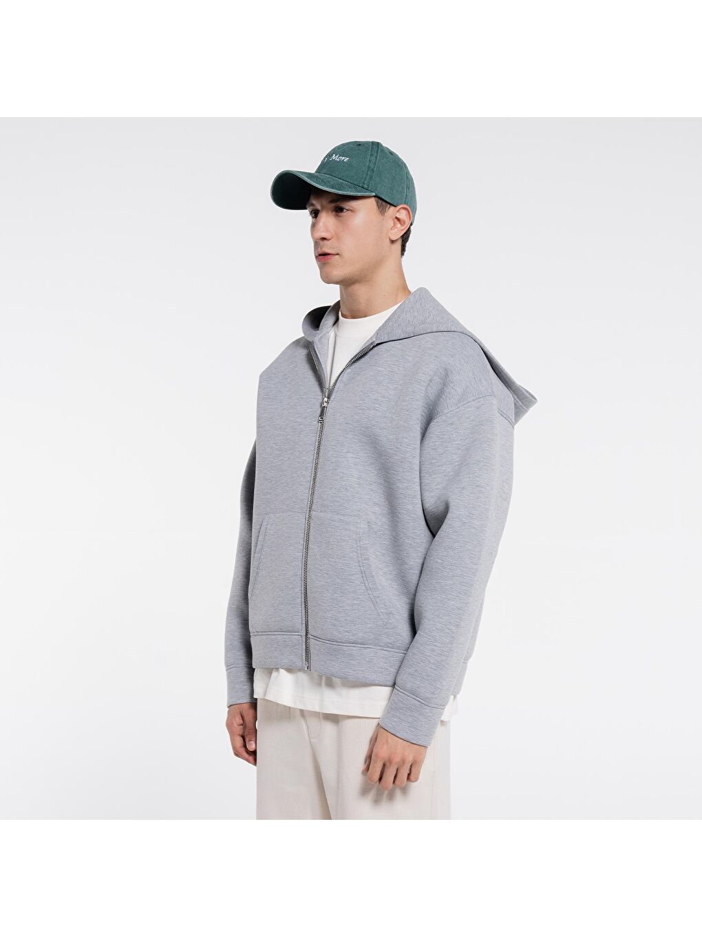 Gri Melanj Kanguru Cepli Kapüşonlu Ekstra Oversize Erkek Fermuarlı Sweatshirt Hırka - Scuba Kumaş-2